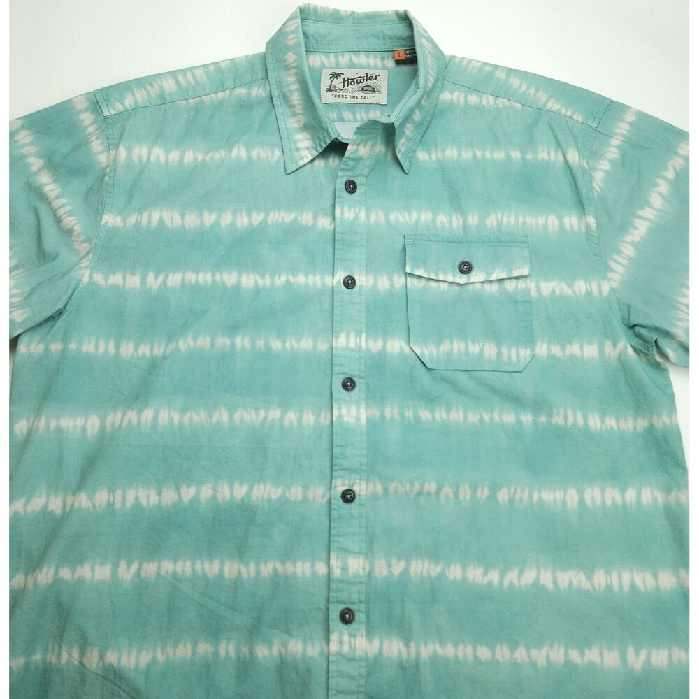 Large Howler Bros Short Sleeve Button Up Camp Shirt Green-Blue Tie Dye Men's